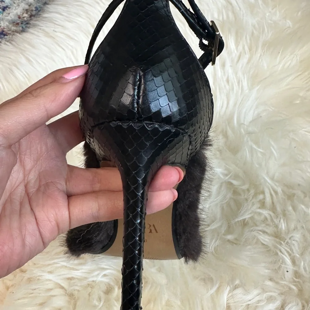 Zara Black and Brown Fur-Trimmed Sandals